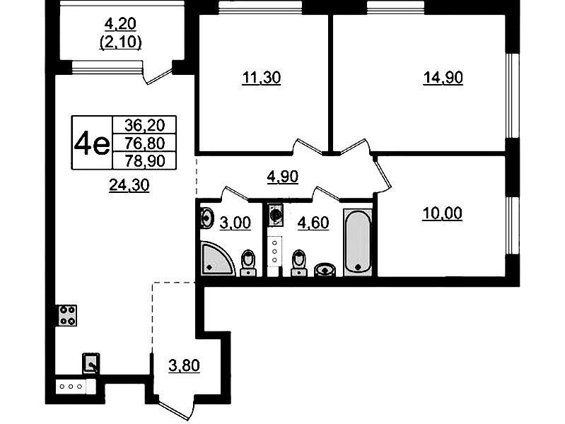 3-комнатная квартира 78.9 м², 9/9 эт., ЖК «А101 Лаголово»